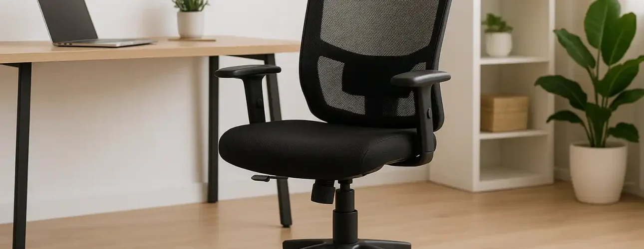 Een zwarte ergonomische bureaustoel met netrugleuning-ideaal om op te letten bij de aankoop van een bureaustoel-staat op een houten vloer voor een bureau met een gesloten laptop en plant, met planken en potplanten op de achtergrond.