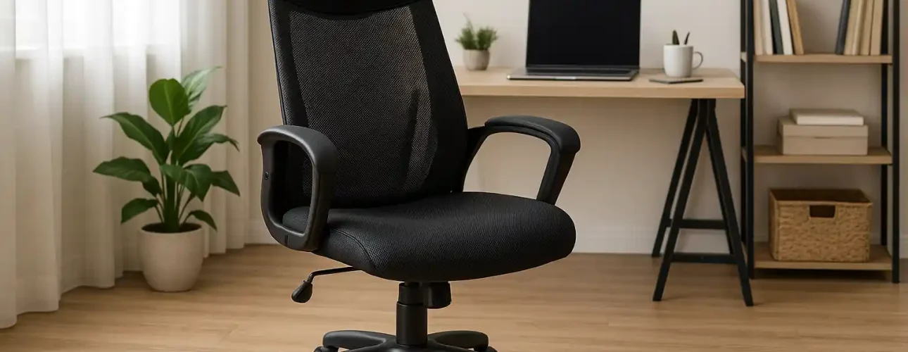 Een zwarte ergonomische bureaustoel, perfect voor wie let bij een goede bureaustoel, staat op een houten vloer in een thuiskantoor. Een bureau, laptop, planten, boeken en planken completeren de ruimte die baadt in het natuurlijke licht van een raam met witte gordijnen.