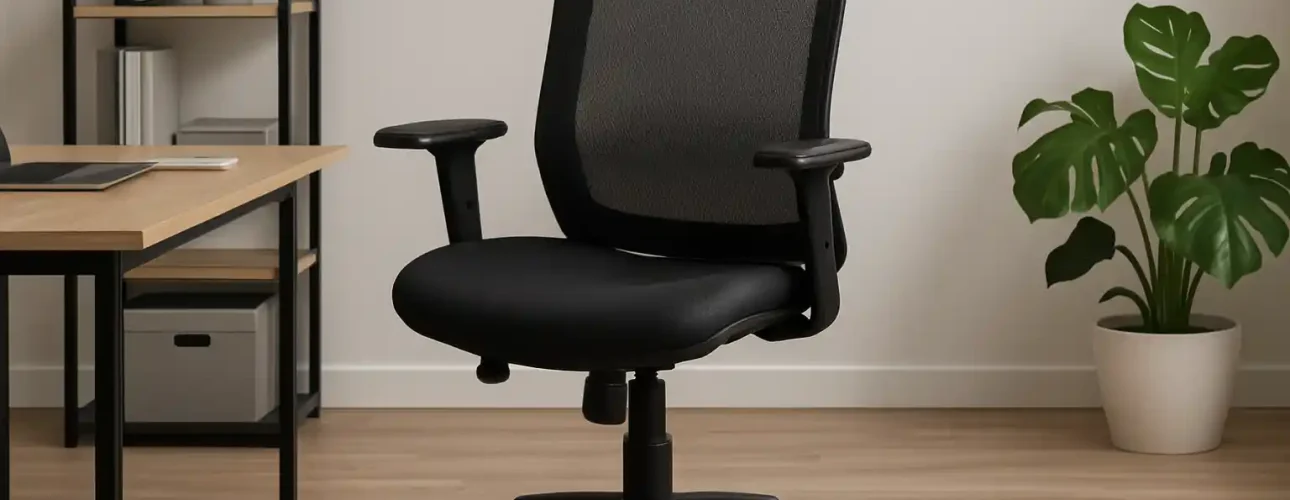 Een zwarte bureaustoel van gaas met armleuningen op wieltjes staat in een modern, minimalistisch kantoor-op letten bij het kopen van een bureaustoel zijn comfort en verstelbaarheid, zoals te zien bij het gekozen model met houten bureau, plant en klok.