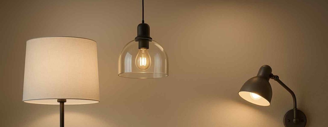 Verschillende lampen in een woonkamer: een vloerlamp met kap, een hanglamp met glas en een wandlamp. Zachte, warme verlichting.