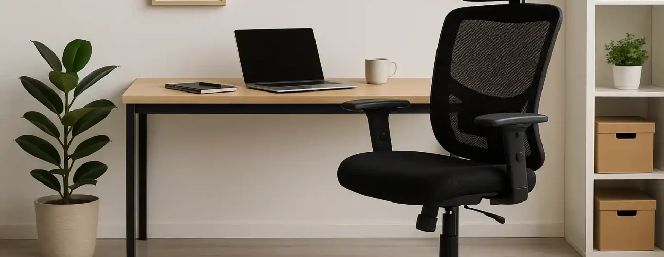 Een modern thuiskantoor met een zwarte ergonomische stoel-let op: opletten bij een bureaustoel is belangrijk-plus een houten bureau met een laptop, notitieblok, mok, wandklok, potplant, ingelijste foto, planken en opbergdozen in een lichte kamer.