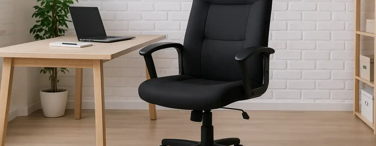 Een zwarte bureaustoel met armleuningen op wieltjes staat naast een houten bureau met een gesloten laptop - perfect voor wie weet waar je op moet letten bij een bureaukast. De ruimte is voorzien van lichte houten vloeren, een witte bakstenen muur en een plant in potten.