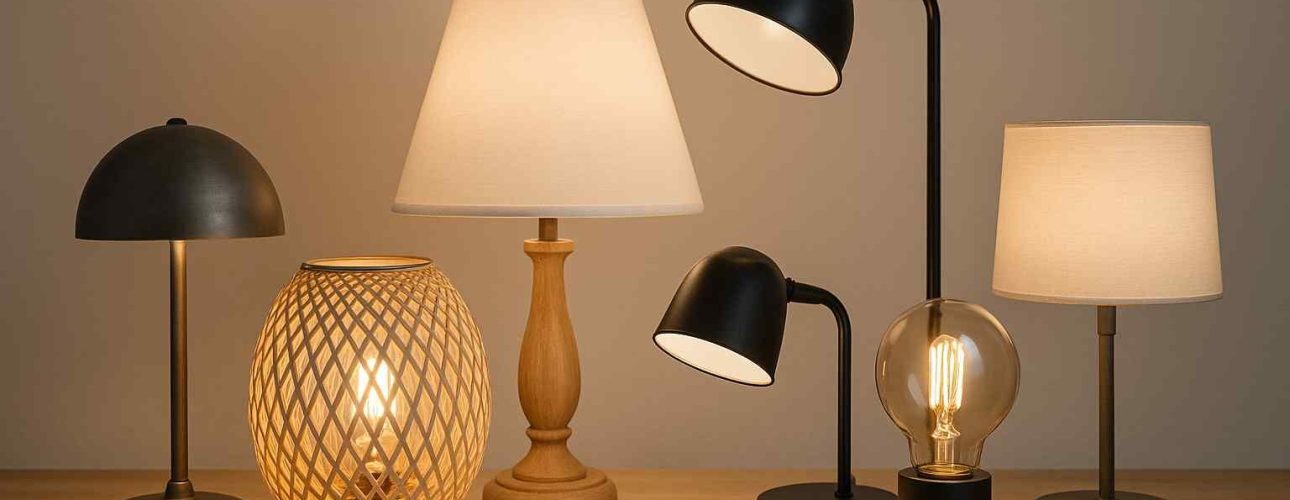 Diverse lampen op een houten tafel, waaronder een design lamp met een bolvormige lampenkap en zwarte details, sfeervolle verlichting.