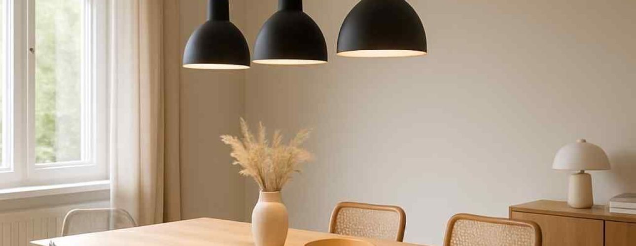 Eetkamer met houten tafel en stoelen onder drie zwarte hanglampen. Vaas met droogbloemen en zachte, natuurlijke kleuren in het interieur design.