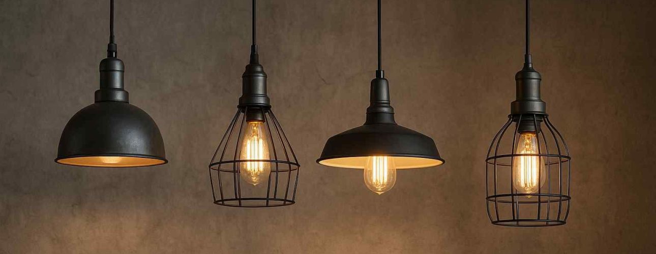 Vier hanglampen met industrieel design tegen een bruine achtergrond. De lampen hebben verschillende vormen en zijn van metaal, met warme verlichting.