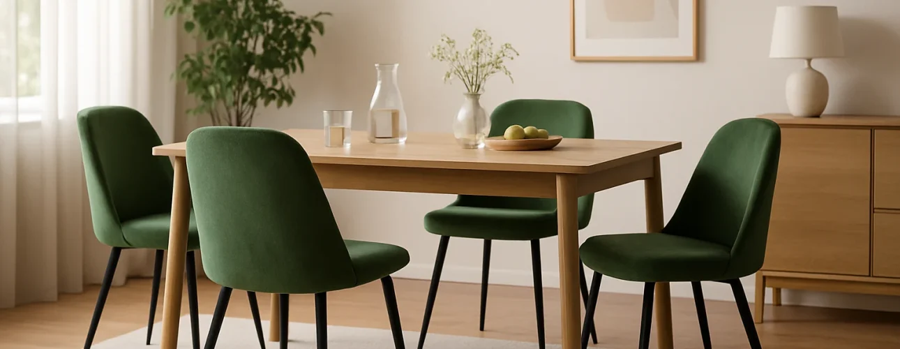 Een moderne eetkamer met een houten tafel, vier groen gestoffeerde stoelen-waar vind je de beste groene eetkamerstoelen?- plus een karaf en glazen, een fruitschaal, licht decor, een potplant en ingelijste kunst aan de muur.