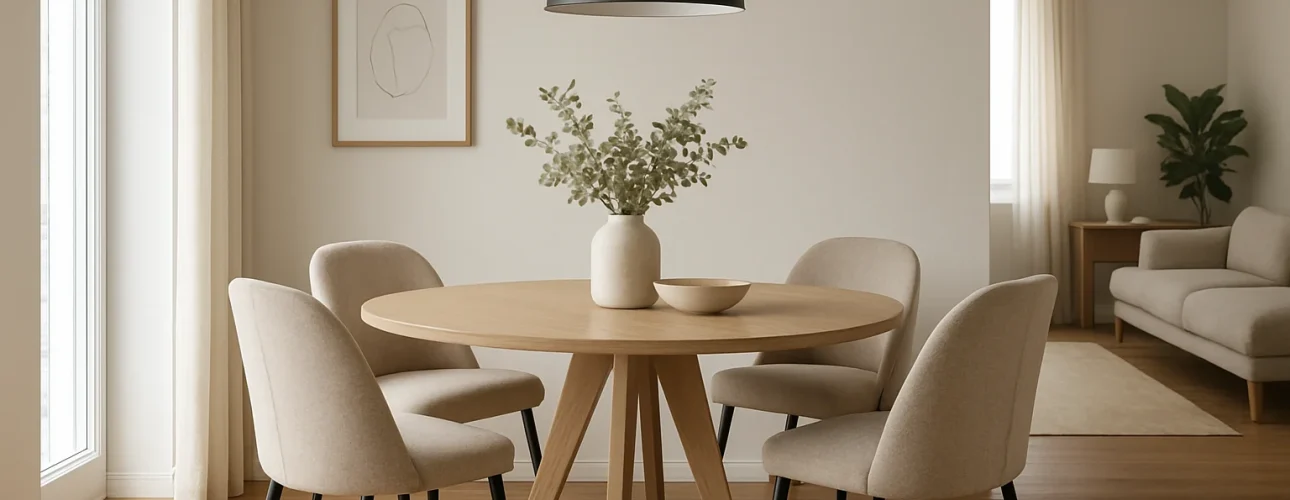 Een eettafel met beige eetkamerstoelen en een vaas met bloemen creëren een warme sfeer in de ruimte.