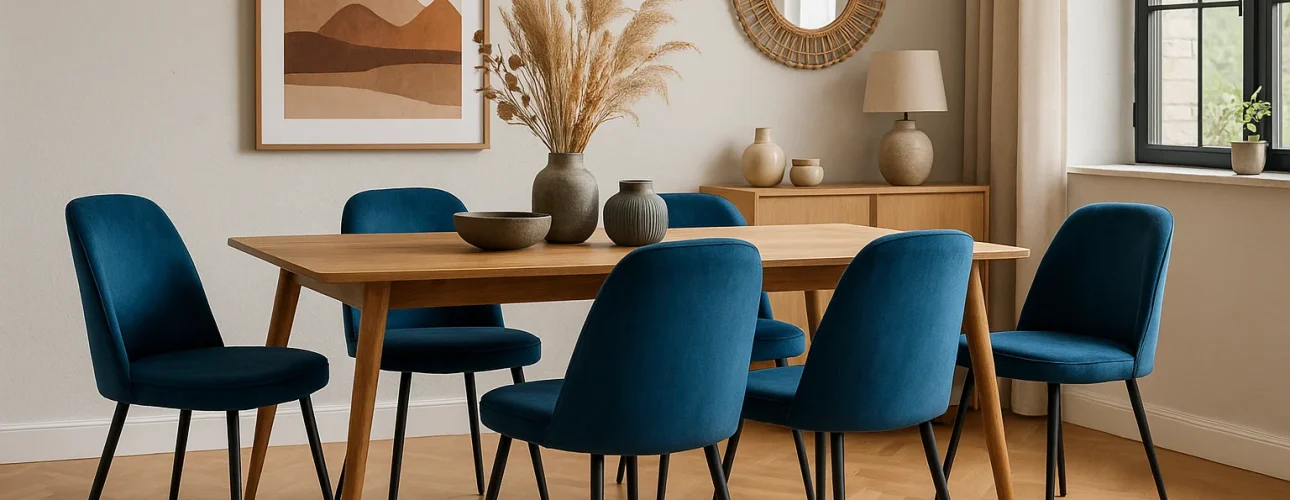 Een moderne eetkamer met een houten tafel, zes blauwe eetkamerstoelen (waarom blauwe eetkamerstoelen? Ze brengen kleur en roest), gedroogd pampasgras in een vaas, een dressoir, een lamp, ronde spiegel, kunst en veel natuurlijk licht.