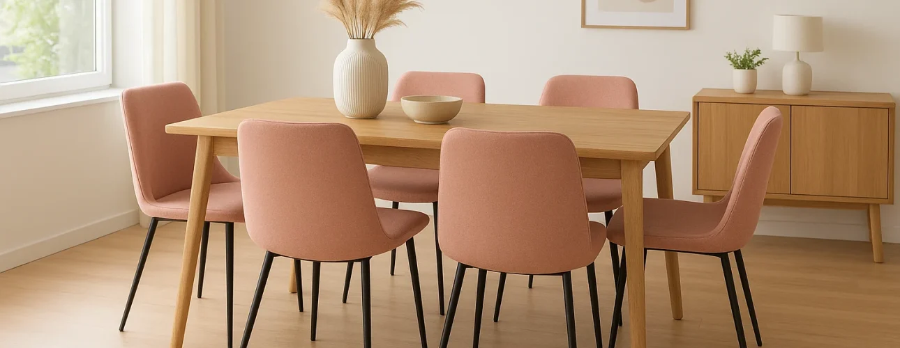 Een moderne eetkamer met een houten tafel, zes roze gestoffeerde stoelen - perfect als je je afvraagt waarom eetkamerstoelen roze zijn - een witte vaas met pampagras, een dressoir met kunst en een lamp en een groot raam dat de ruimte overspoelt met licht.