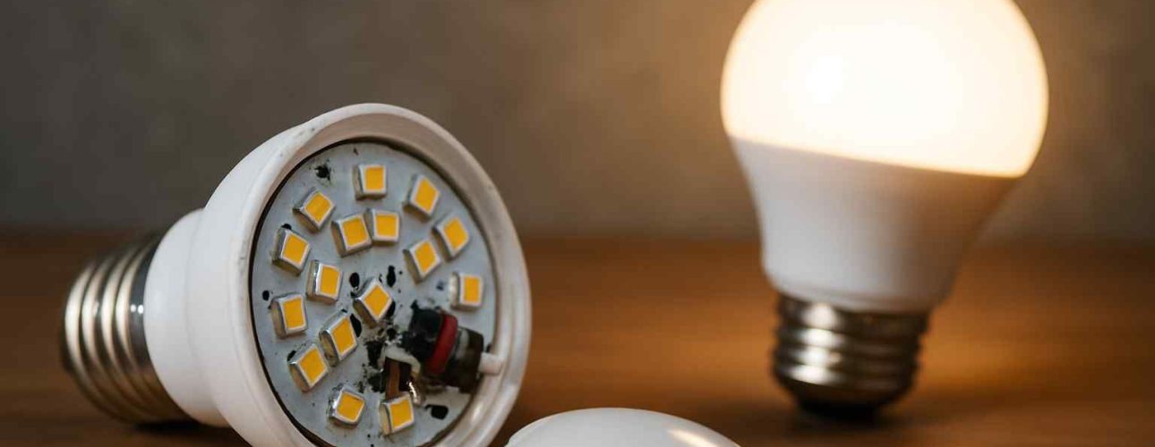 Een kapotte LED-lamp met zichtbare diodes naast een brandende lamp op een houten tafel. Zachte belichting en grijze achtergrond.