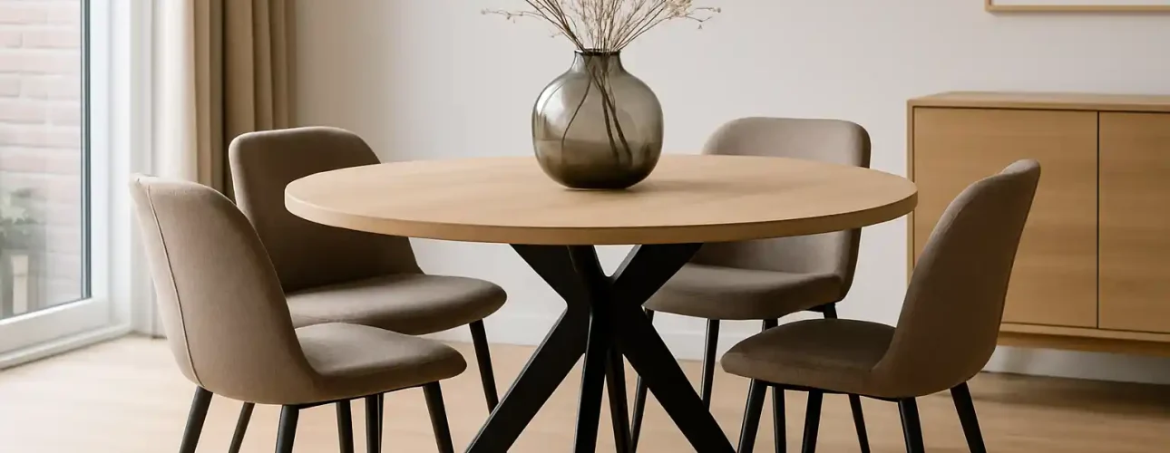 Een moderne eethoek met een ronde houten tafel-ontdek waarom geen ronde eettafel eigenlijk zonde zou zijn-vier beige gestoffeerde stoelen, een vaas met gedroogde planten, licht houten vloer en minimalistische decoratie.