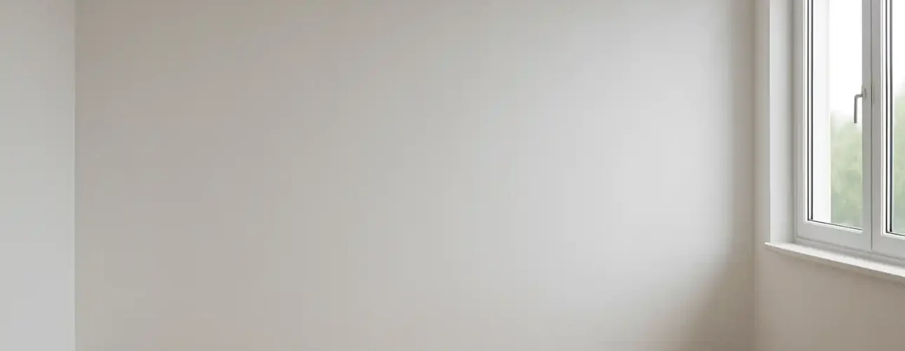 Een lege kamer met witte muren - waarvan je je afvraagt: waarom geen witte muren? - een houten vloer en een groot raam aan de rechterkant dat natuurlijk licht binnenlaat.