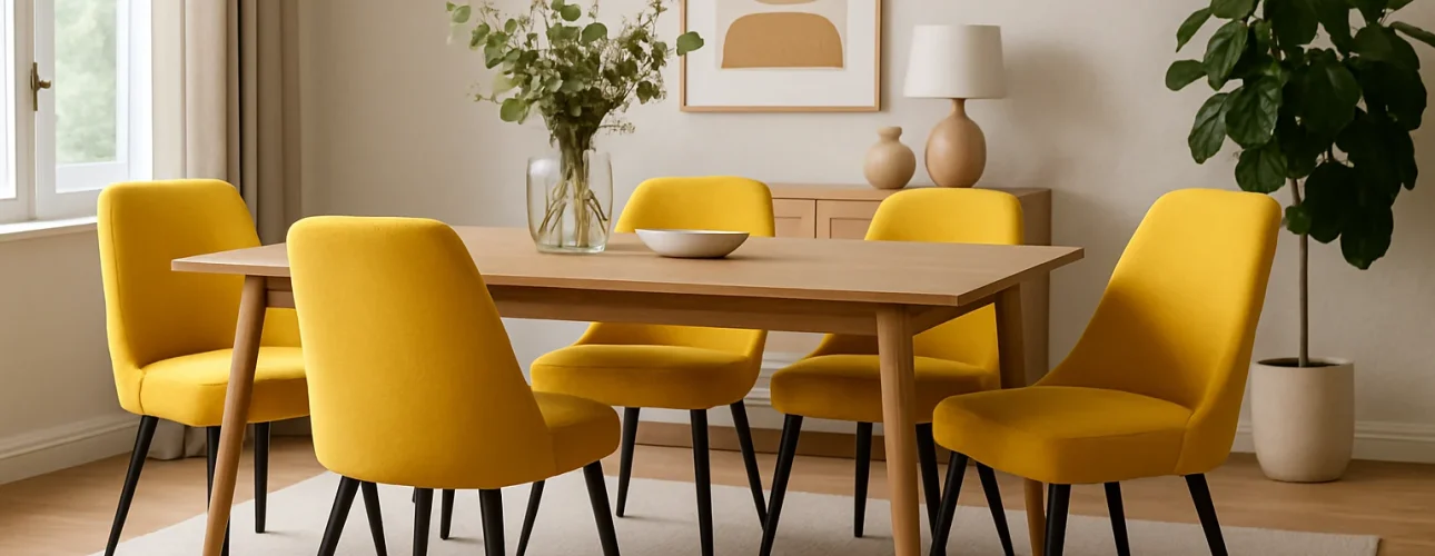 Een moderne eetkamer met een houten tafel, zes felgele stoelen - waarom gele eetkamerstoelen? Ze brengen energie! Plus een vaas met groen, minimalistische ingelijste kunst, een lamp en een potplant op een licht kleed.