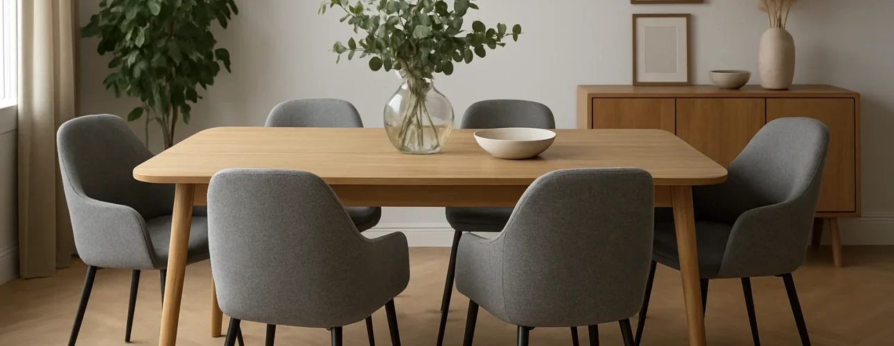 Een moderne eetkamer met een houten tafel, zes grijs gestoffeerde stoelen - perfect voor wie zich afvraagt "waarom grijze eetkamerstoelen" - een glazen vaas met groene takken, een witte schaal en een minimalistische inrichting met ingelijste kunst en planten.