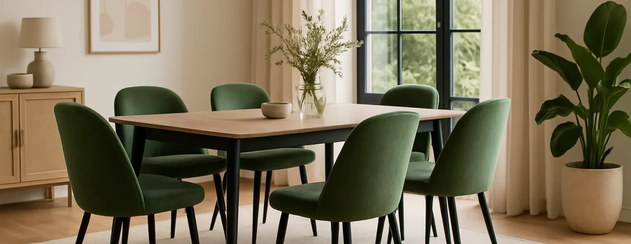 Een moderne eetkamer met een houten tafel, zes groen gestoffeerde stoelen -waarom groene eetkamerstoelen? Ze voegen frisheid toe, plus een vaas met gebladerte als middenstuk, een groot raam met crèmekleurige gordijnen, abstracte muurkunst en een potplant in de hoek.