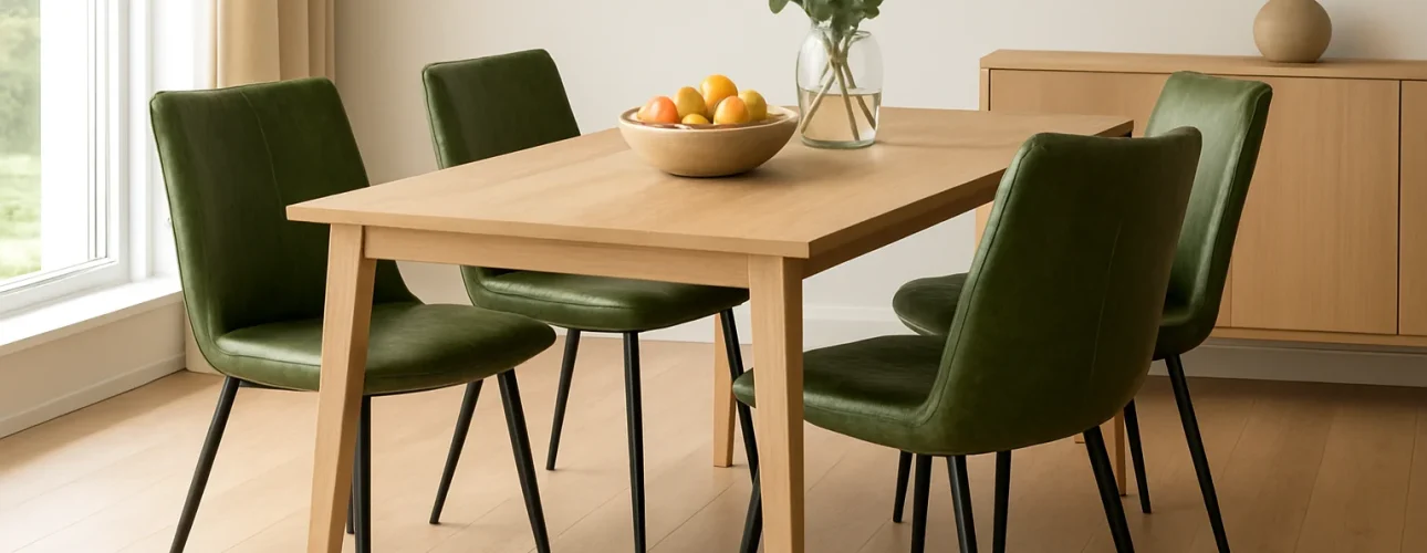 Een moderne eetkamer met een lichthouten tafel, vier groene stoelen -waarom kiezen voor groen?- een schaal met divers fruit en een glazen vaas met groene takken. Een lichthouten vloer, een dressoir en een groot raam maken de minimalistische inrichting compleet.