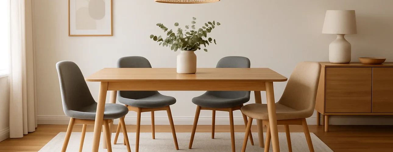 Een minimale eetkamer met een houten tafel, zes rieten stoelen en een vaas met groene takken. Op een dressoir staan een lamp en decor, terwijl een groot raam natuurlijk licht binnenlaat en laat zien waarom kleed onder eettafel sfeer en comfort toevoegt.