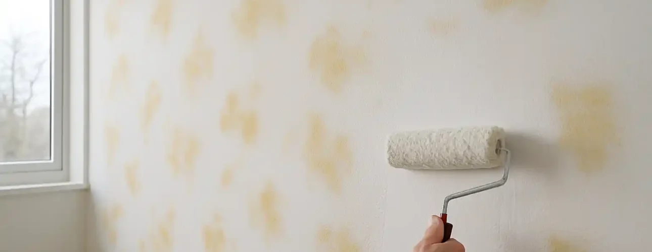 Iemand brengt met een verfroller witte verf aan op een muur met gelige vlekken bij een raam en vraagt zich waarschijnlijk af: "Waarom krijg ik gele vlekken door het schilderen?" terwijl ze de gerepareerde plekken bedekken.