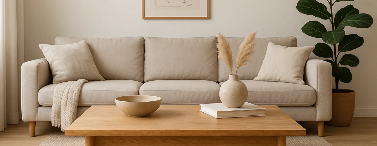 Een moderne woonkamer met een beige bank, neutrale kussens en een houten salontafel - ideaal voor wie zich afvraagt "waarom lage salontafel" - plus een schaal, boek, vaas van pampagras, potplant en minimalistische muurkunst boven de bank.