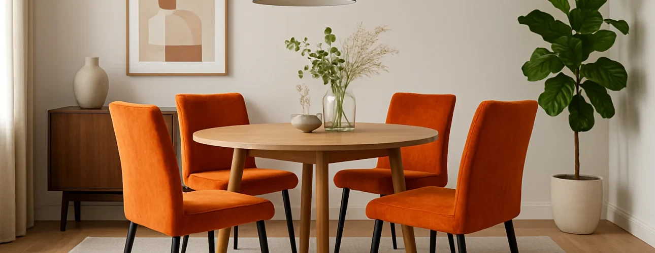 Een moderne eetkamer met een ronde houten tafel, vier oranje gestoffeerde stoelen - perfect als je je afvraagt "hoe kies je de juiste oranje eetkamerstoelen" - een zwarte hanglamp, een dressoir, abstracte muurkunst, bloemen in een vaas en een grote potplant op een licht vloerkleed.