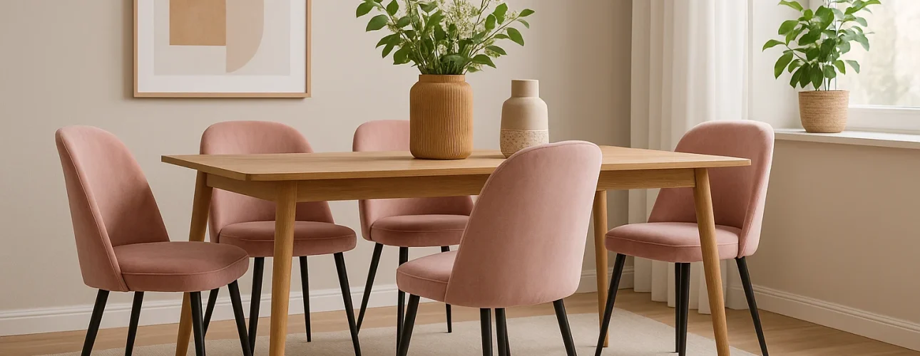 Een moderne eetkamer met een houten tafel, vijf roze fluwelen stoelen, een beige vloerkleed, planten in potten en abstracte muurkunst in een lichte ruimte-Waarom roze eetkamerstoelen? Ze brengen levendigheid in het neutrale interieur.