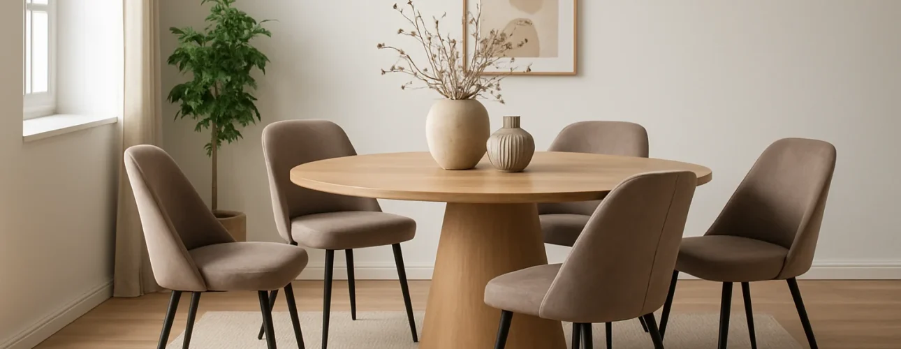 Een moderne eetkamer met een ronde houten tafel, zes beige taupe eetkamerstoelen-waarom taupe eetkamerstoelen ideaal zijn is duidelijk in deze neutrale ruimte ingelijste abstracte kunst, een grote vaas met gedroogde takken, een potplant en zacht natuurlijk licht.