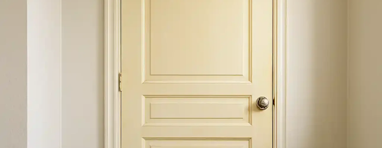 Een gesloten, crèmekleurige houten deur met decoratieve panelen en een zilveren deurknop, in een lichtbeige muur met eenvoudige afwerking - heb je je ooit afgevraagd waarom deuren geel worden in de loop der tijd?.