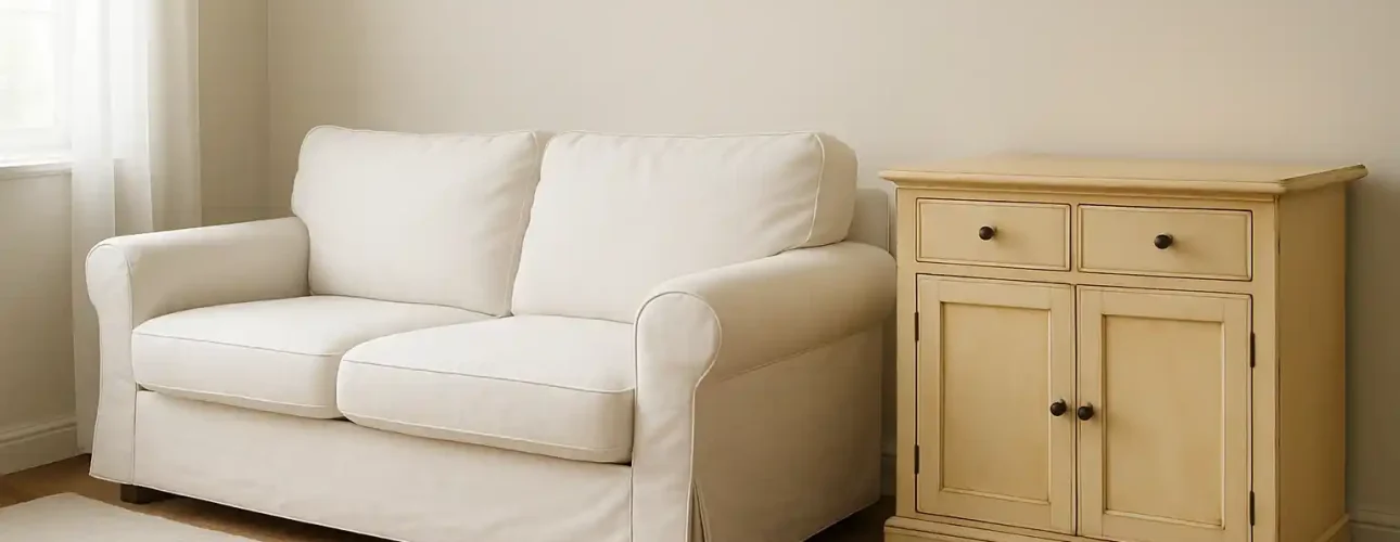 Een kleine, crèmekleurige bank staat naast een lichthouten kast met lades en deurtjes in een lichte, minimalistische kamer - een elegant antwoord op Waarom worden witte meubels zo vaak gekozen voor lichte interieurs? Natuurlijk licht stroomt naar binnen door het raam aan de linkerkant.