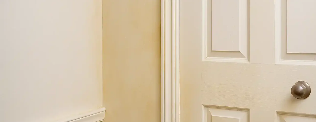 Een close-up van een witte binnendeur met een ronde zilveren deurknop, naast een beige muur met decoratieve afwerking. De zachte verlichting accentueert subtiel texturen en schaduwen - en roept de vraag op: waarom wordt mijn witte verf geel over de tijd?.