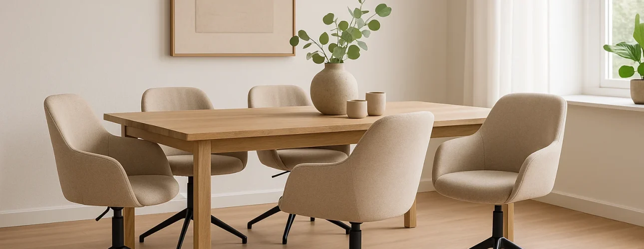 Een minimale eetkamer met een lichthouten tafel, vijf beige bureaustoelen -waarom zijn beige eetkamerstoelen zo populair?- een vaas met groene takken, eenvoudig aardewerk, neutrale abstracte muurkunst en grote ramen die natuurlijk licht binnenlaten.