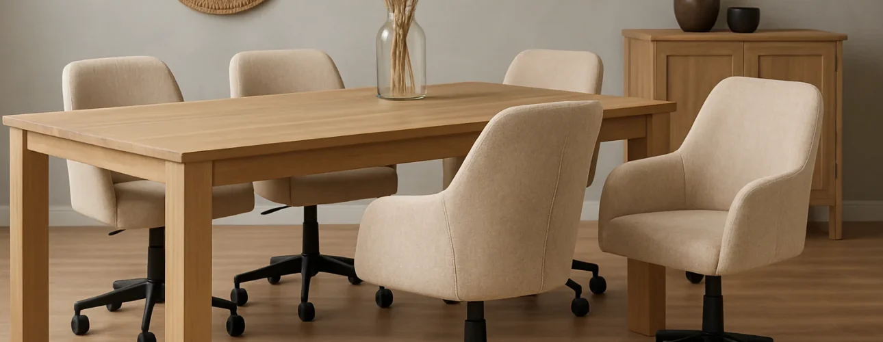Een moderne eetkamer met een houten tafel, vijf beige gestoffeerde bureaustoelen-waarom zijn beige eetkamerstoelen zo populair?-een vaas met pampagras, een ronde wandspiegel en een lichthouten dressoir. De kamer heeft een neutraal kleurenpalet.
