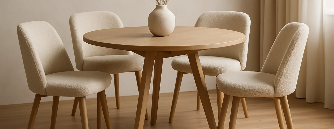 Er omheen staat een ronde houten tafel met vier beige eetkamerstoelen. Een eenvoudige witte vaas met gedroogde bloemen staat op tafel, terwijl een lichte houten vloer en neutrale gordijnen een minimalistische, gezellige sfeer creëren. Waarom zijn beige eetkamerstoelen zo populair?.
