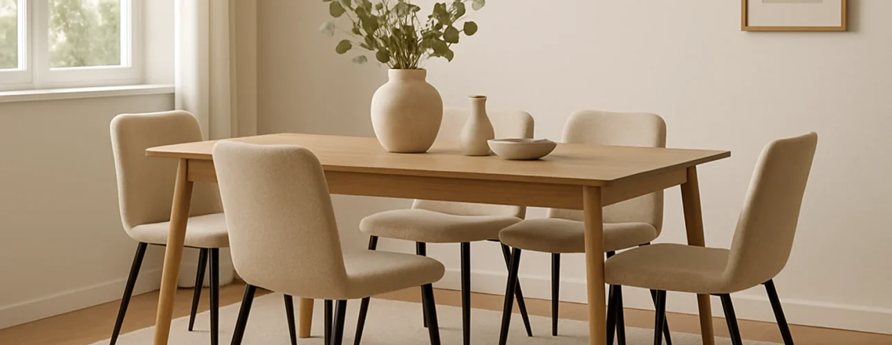 Een minimalistische eetkamer met een houten tafel, vijf beige eetkamerstoelen zonder armleuning, een grote keramische vaas met groen gebladerte, een kleine schaal en een ingelijste foto aan de muur. Licht stroomt naar binnen door een raam met witte gordijnen.