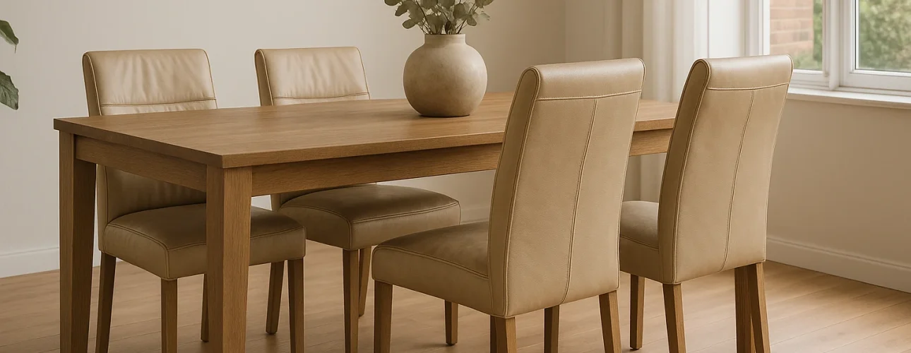 Een houten eettafel met vier beige gestoffeerde stoelen op een lichte houten vloer bij een raam met transparante gordijnen. Een keramische vaas met eucalyptustakken staat in het midden-waarom zijn beige lederen stoelen zo'n populaire keuze voor eetkamers?.
