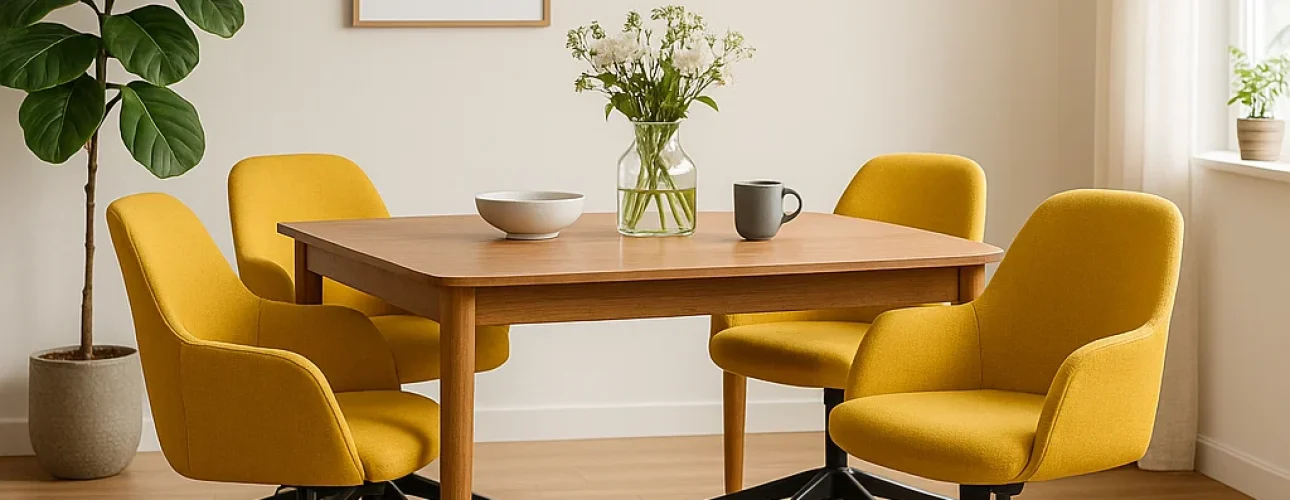 Een moderne eethoek met een houten tafel, vier gele draaistoelen-waarom zijn gele eetkamerstoelen zo populair?-een potplant, ingelijste abstracte kunstwerken en een hanglamp. Zonlicht stroomt door het raam op de lichte houten vloer.