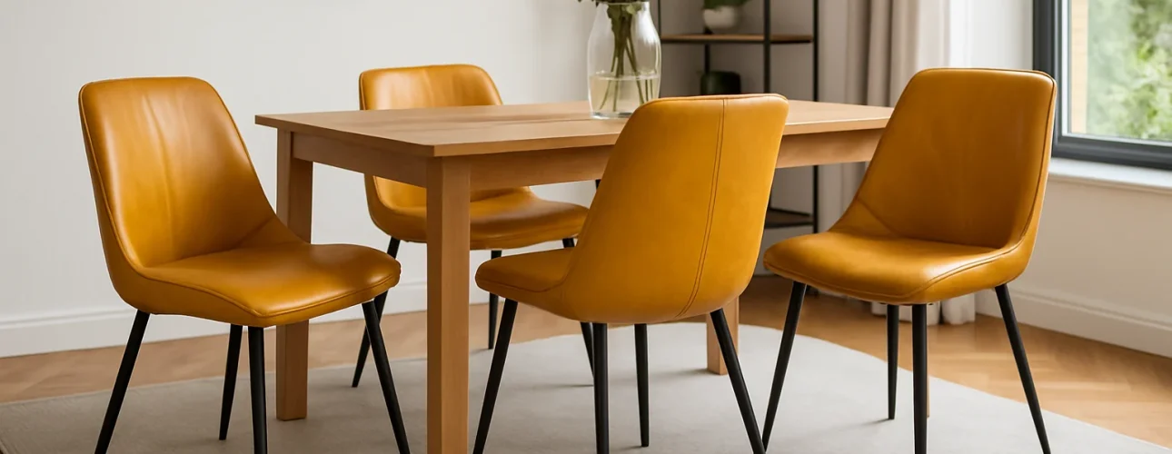 Een moderne eetkamer met een houten tafel en vier gele stoelen op een licht vloerkleed. Waarom zijn gele leren eetkamerstoelen zo populair? Een vaas met groen staat op tafel en op de achtergrond zijn een ronde spiegel en een raam zichtbaar.