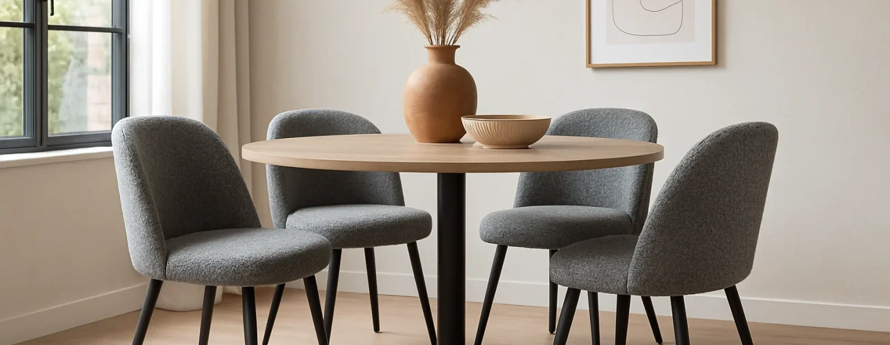 Een moderne eethoek met een ronde houten tafel, vier grijze boucle eetkamerstoelen, een vaas van keramiek met pampagras, een houten schaal, een lichthouten vloer, een groot raam en een ingelijst abstract kunstwerk aan de muur. Waarom zijn grijze eetkamerstoelen zo populair?.