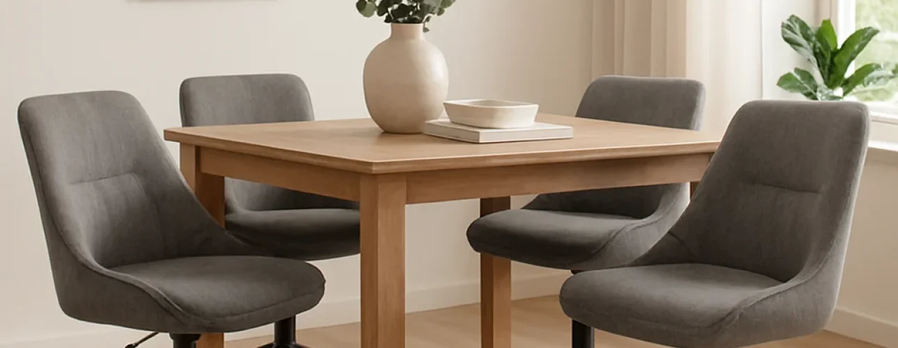 Een moderne eetkamer heeft een vierkante houten tafel met vier grijze draaistoelen met kussens. Waarom zijn grijze eetkamerstoelen zo populair? Een vaas met groen, wit servies, een botanische print en een zonnige kamerplant creëren een uitnodigende sfeer.