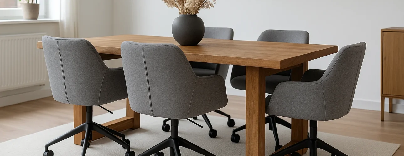 Een moderne eethoek met een houten tafel, zes grijze draaistoelen op wieltjes - wil je weten waarom zijn grijze eetkamerstoelen zo populair? Een vaas met gedroogd gras, een ronde wandspiegel en natuurlijk licht van grote ramen maken de look compleet.