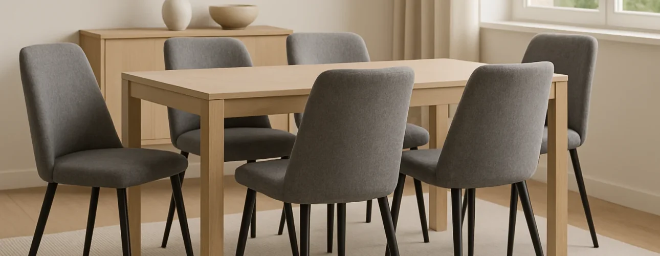 Een moderne eetkamer met een licht houten tafel, zes grijze eetkamerstoelen zonder armleuning, een beige vloerkleed en een licht houten dressoir met minimalistische decoratie. Grote ramen met neutrale gordijnen zorgen voor veel licht.