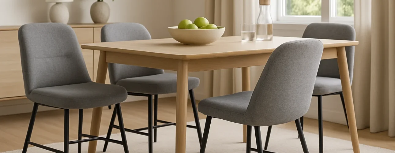 Een moderne eethoek met een lichte houten tafel, vier grijs gestoffeerde stoelen-waarom zijn grijze stoffen eetkamerstoelen zo geliefd?-een schaal met groene appels, een glazen karaf, twee glazen en beige gordijnen die natuurlijk licht binnenlaten.