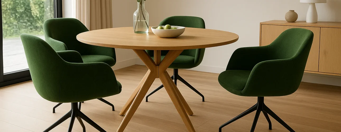 Een moderne eethoek met een ronde houten tafel en vier groene stoelen, perfect voor wie zich afvraagt: waarom zijn groene eetkamerstoelen zo populair? Een glazen vaas, appels en lichte houten vloeren creëren een frisse, uitnodigende ruimte.