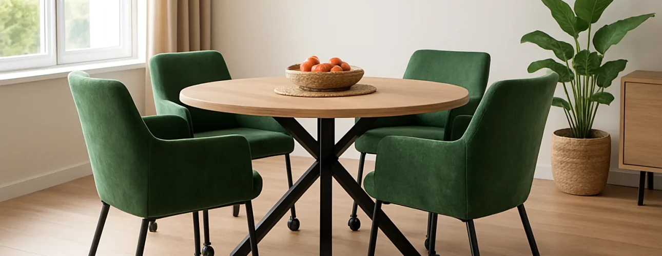 Een ronde houten eettafel met vier groene eetkamerstoelen op wieltjes, een schaal sinaasappels in het midden, in een lichte, moderne kamer met houten vloeren, een plant in potten en een groot raam.