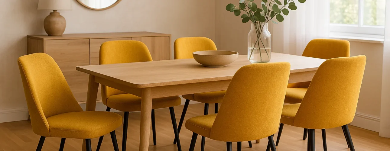 Eetkamer met een houten tafel en zes mosterdgele eetkamerstoelen rondom.