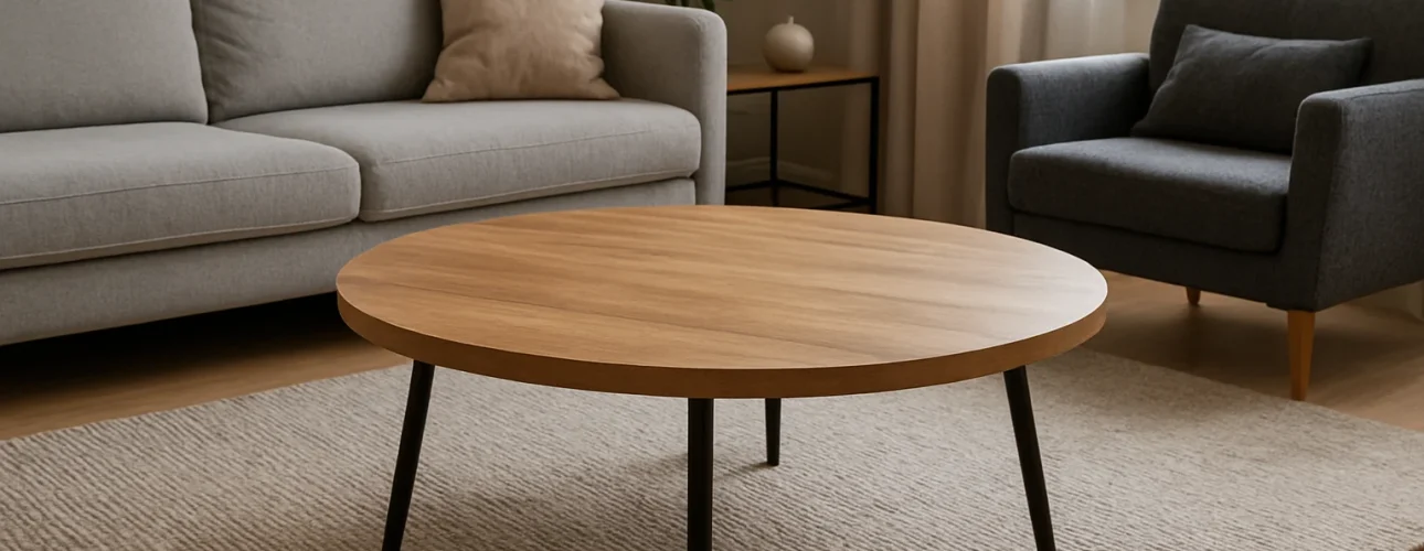 Een moderne woonkamer met een ronde houten salontafel op een beige vloerkleed, een grijze bank met kussen, een fauteuil, bijzettafel, potplant en raam met lichte gordijnen-maar wanneer kun je beter geen ronde salontafel gebruiken?.