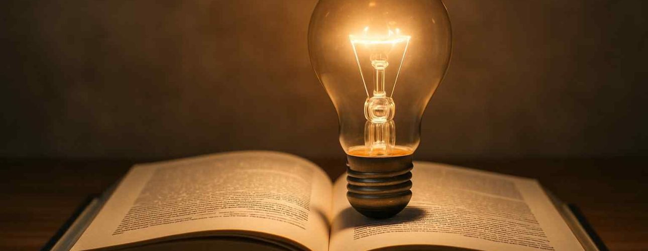 Gloeiende lamp op een open boek, warme belichting. Concept van inspiratie en kennis. Zitbanken en design voor jouw woonkamer.