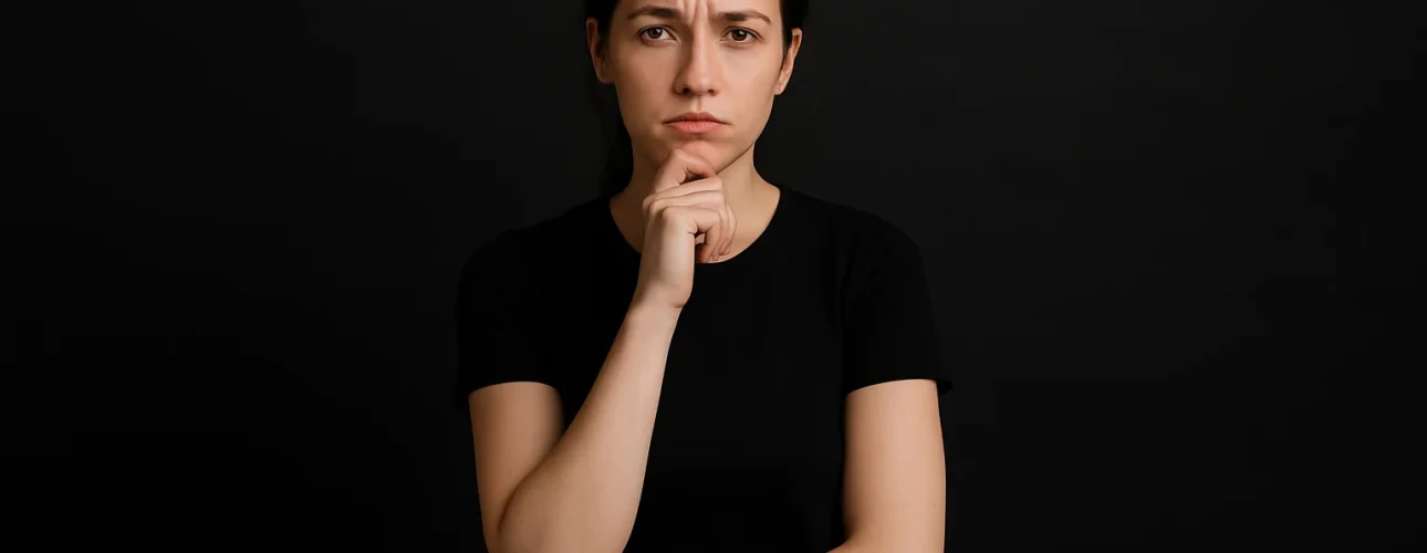 Een jonge vrouw in een zwart shirt staat tegen een zwarte achtergrond, haar bedachtzame houding en gefronste voorhoofd nodigen uit tot reflectie - wat doet de kleur zwart met je op dit moment van stille contemplatie?.
