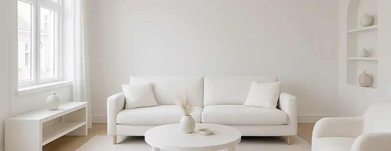 Een minimalistische woonkamer met witte muren, een witte bank, een fauteuil en ingebouwde planken laat zien wat wit doet in je interieur-neutrale inrichting en zacht natuurlijk licht creëren een rustige, luchtige sfeer.