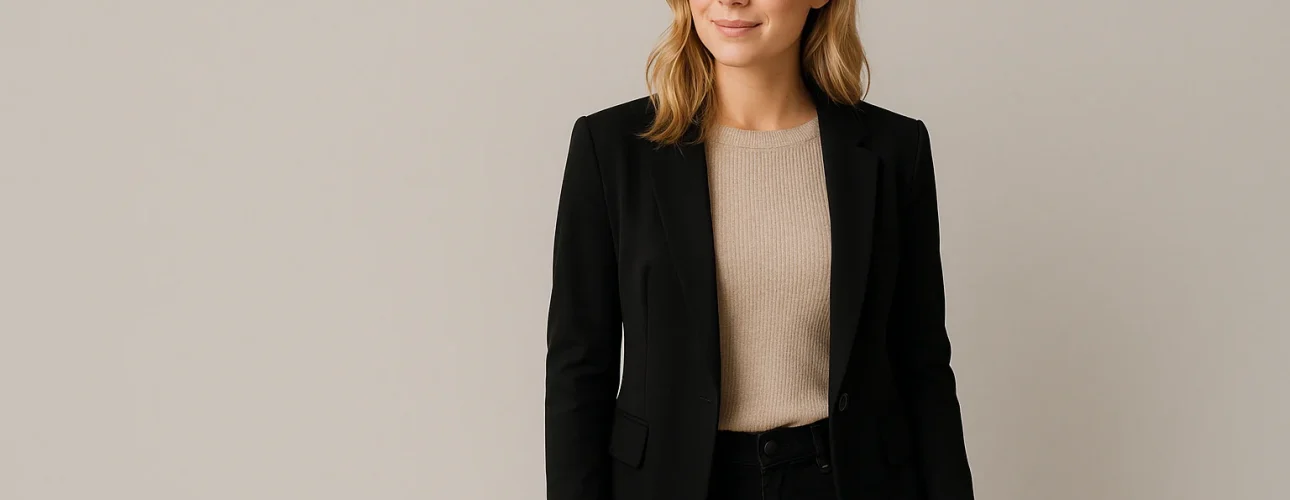 Een vrouw met schouderlang blond haar staat tegen een effen lichte achtergrond, draagt een zwarte blazer - perfect voor wie zich afvraagt "wat draag je op zwart"- in combinatie met een beige topje en zwarte broek, en kijkt een beetje opzij met een neutrale uitdrukking.