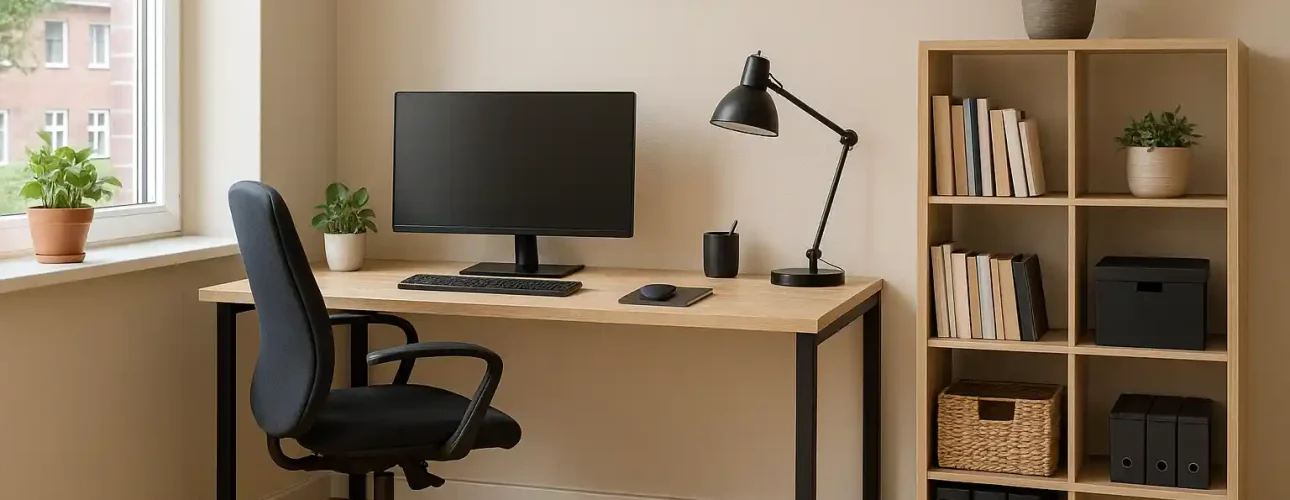 Minimalistisch thuiskantoor met alles wat nodig is voor een thuiskantoor: een bureau, computermonitor, toetsenbord, muis, lamp en stoel. Planken met planten, dozen en ordners staan rechts; potplanten en een raam links; een klok hangt aan de muur.
